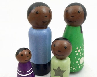 Peg Doll Family of Four with Two Boys - Dark Skin Tone - Ready to Ship