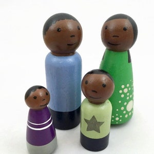 Peg Doll Family of Four with Two Boys - Dark Skin Tone - Ready to Ship