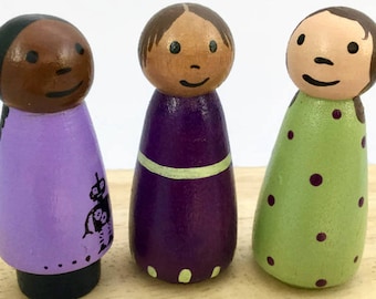 Hand Painted Peg Doll Set of Three - 2 Inch Wooden Figures