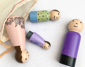 Peg Doll Family of Four with Two Girls - Ready to Ship