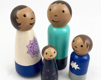 Peg Doll Family of Four - Medium Skin Tone - Wooden Peg Dolls - Ready to Ship