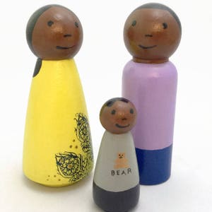 Peg Doll Family of 3 - Mom, Dad, 2&quot; Boy - African American Peg Dolls - Ready to Ship