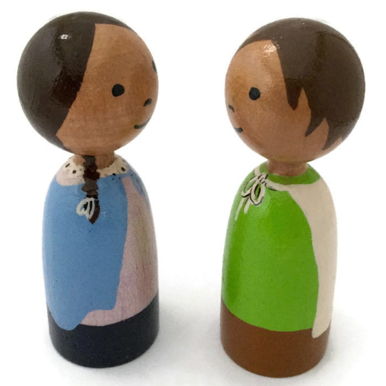Wooden Finger Puppets Peg Doll Finger Puppets Boy and Girl with Capes Ready to Ship Painted Wood Finger Puppets Medium Skin Tone