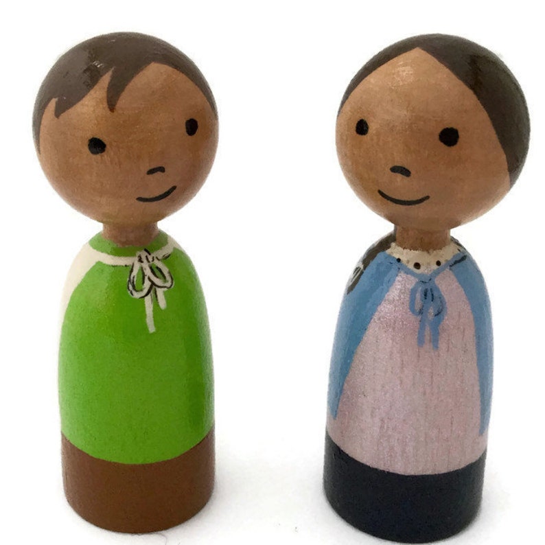 Wooden Finger Puppets Peg Doll Finger Puppets Boy and Girl with Capes Ready to Ship Painted Wood Finger Puppets Medium Skin Tone