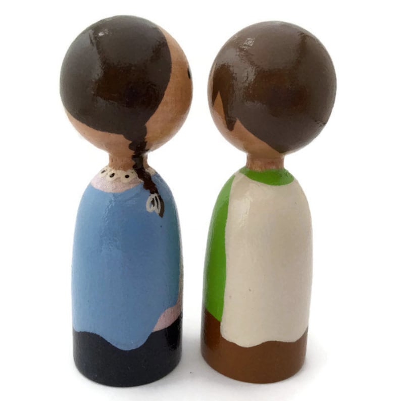 Wooden Finger Puppets Peg Doll Finger Puppets Boy and Girl with Capes Ready to Ship Painted Wood Finger Puppets Medium Skin Tone