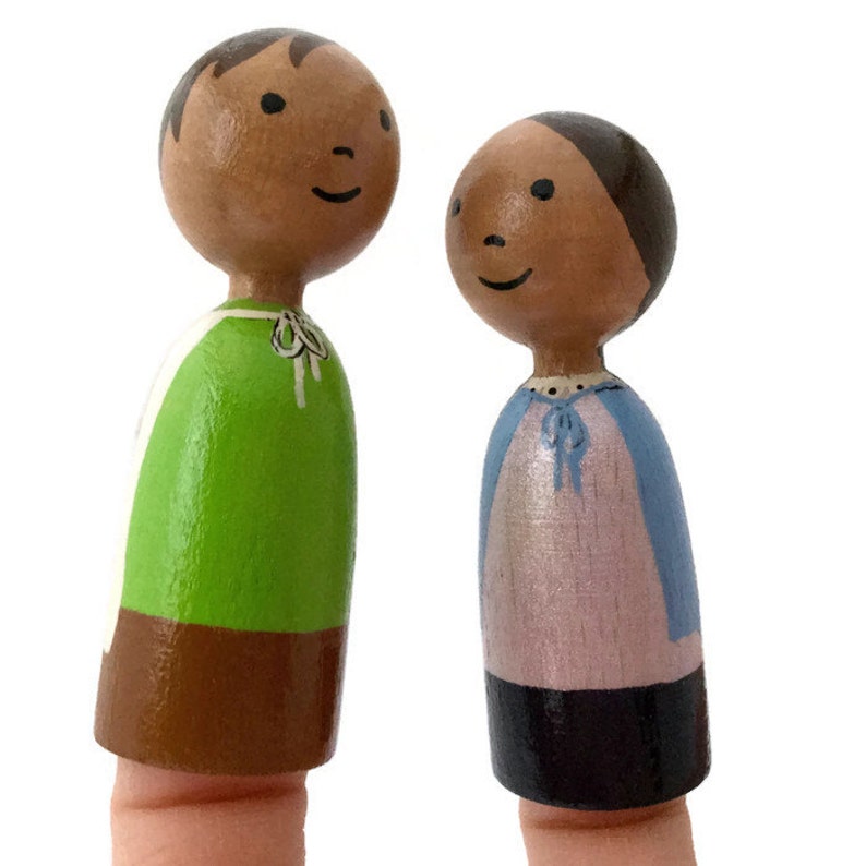 Wooden Finger Puppets Peg Doll Finger Puppets Boy and Girl with Capes Ready to Ship Painted Wood Finger Puppets Medium Skin Tone