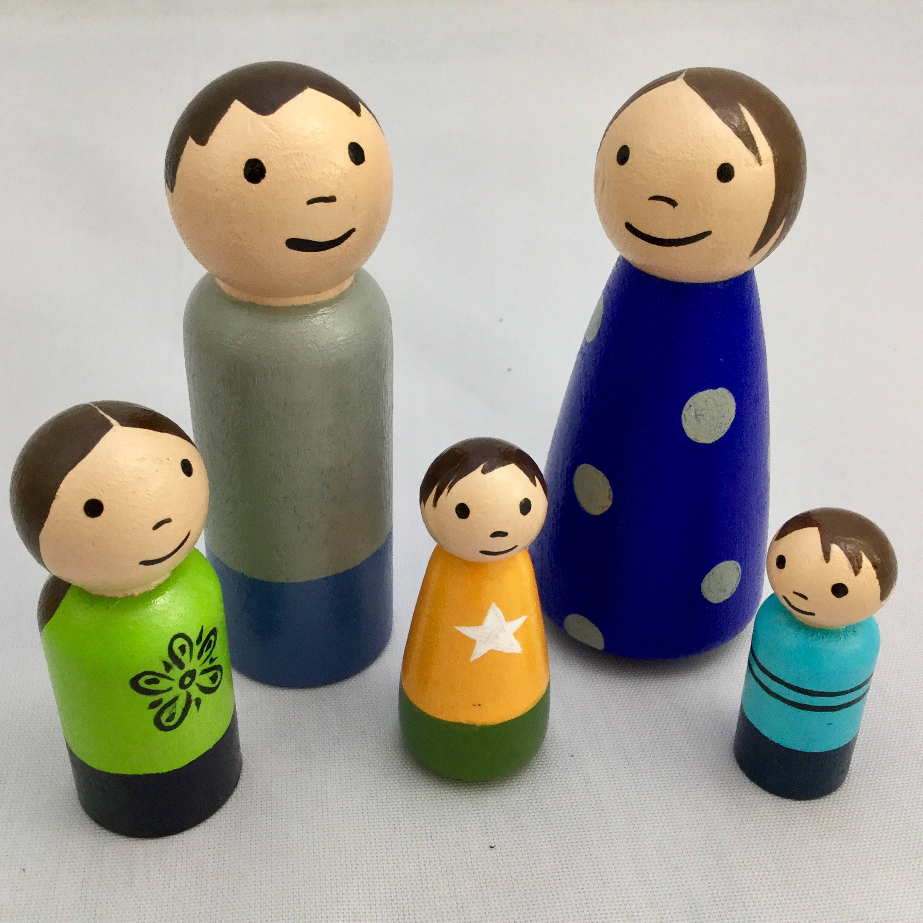 Wooden Peg Doll Family of 5 1 Sister and 2 Brothers Ready Etsy