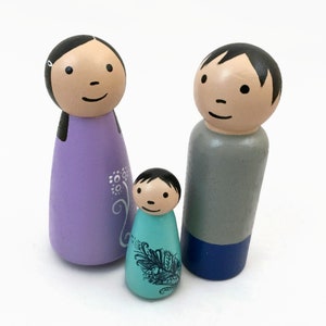 Peg Doll Family of 3 with Black Hair- Two Girls - Light Skin Tone - Ready to Ship
