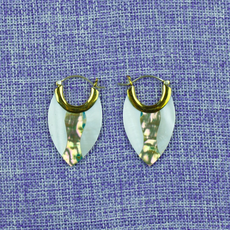 Sterling Silver Posts Hand Carved Tribal Hanging Earrings Naturally Organic Silhouette Brass Tops Mother of Pearl ov