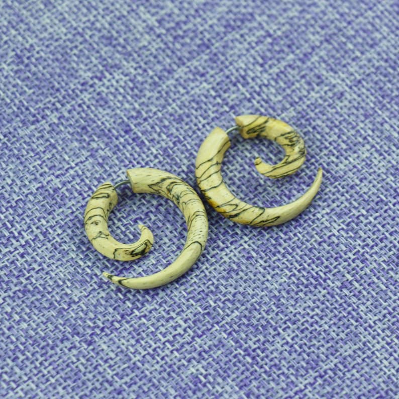 Naturally Organic Tribal Fake Gauge Earrings Tamarind small Spiral Tamarind Wood Hand Carved
