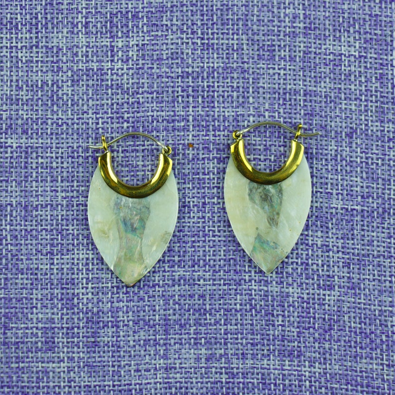 Sterling Silver Posts Hand Carved Tribal Hanging Earrings Naturally Organic Silhouette Brass Tops Mother of Pearl ov