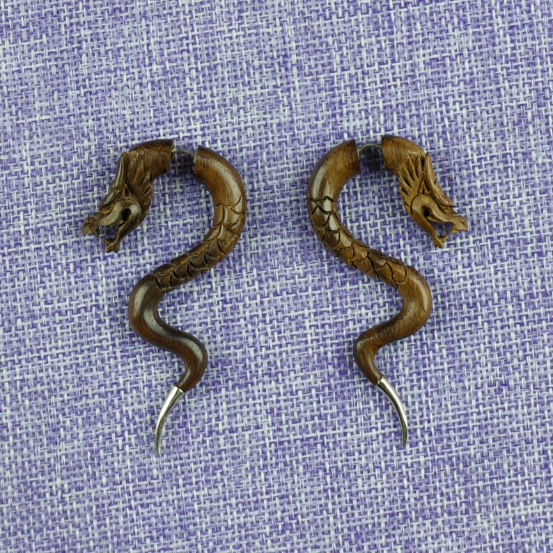 Fake Gauge Earrings Hand Carved Naturally Organic Dragon Head Sono Wood Tribal