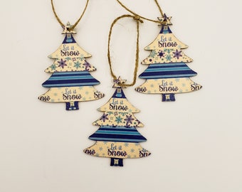 Set of 3 Wood Christmas Tree Ornaments Let It Snow Blue White