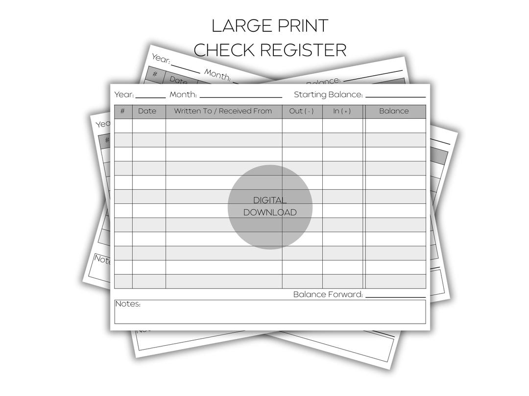Check Register , Large Print, Instant Digital Download, 11 X 8.5 PDF - Etsy