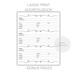 Pode incluir: Um livro de endereços branco com o texto "LARGE PRINT ADDRESS BOOK" no topo. O livro tem seções com linhas para nome, endereço, cidade, estado, código postal e informações de contato. A palavra "DOWNLOAD DIGITAL" também é visível.