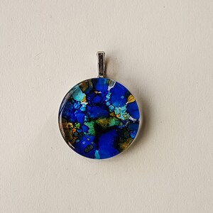 Pendant Glass Tile | Abstract Shades of Blue Brown Alcohol Ink Glass Tile Round Pendant Necklace Keychain