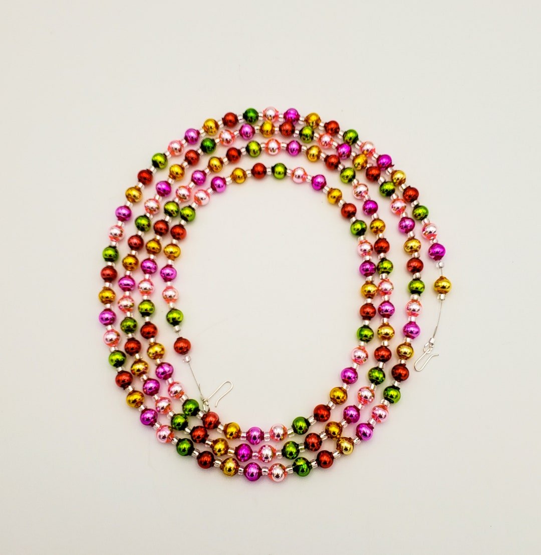 Festive Gold Green Pink Red Czech Mercury Glass Bead Garland, Christmas