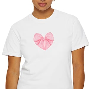 Heart-Shaped Bow Comfort Colors Crewneck Short Sleeve Shirt - Coquette Aesthetic | Coquette Heart Bow Shirt | Coquette Shirt |