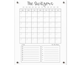 Custom Name Family Calendar. Dry Erase Wall Calendar. Features Calendar, To Do list & Menu Planning for the week.