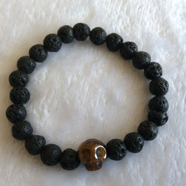 oil diffuser Lava bracelet, tiger eye skull bead, man jewelry,  teen boys jewelry, friend grandson gift, brother uncle