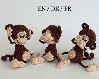 Padrão de chaveiro de macaco de crochê: Mini macaco de brinquedo amigurumi (tutorial - inglês / alemão / francês)