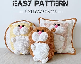 Crochet Hamster Pillow Pattern, No-Sew Plush Cushion Set, 3 Shapes, EN / DE, Woolaymo