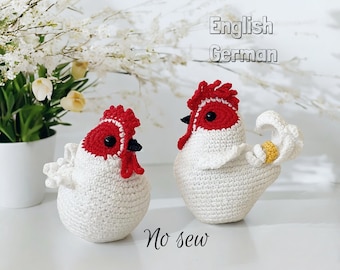 Padrão de galo e galinha em crochê sem costura: par de amigurumis de fazenda de primavera (padrão em PDF)