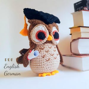 Graduation Owl Crochet Pattern – Amigurumi Owl PDF – DIY Gift for Teacher or Graduate – English & German Pattern – Owl Student Decor