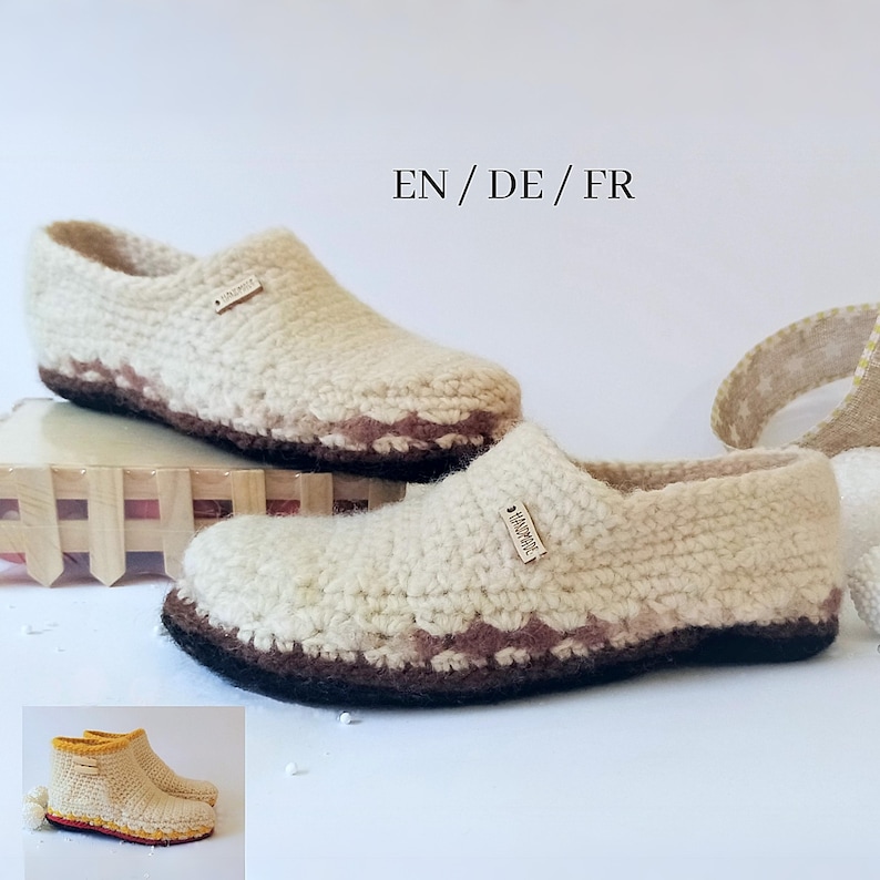 Cream and brown crochet wool slippers shown in the moccasin style, with a small inset showing how the same crochet pattern can be extended into ankle boots.