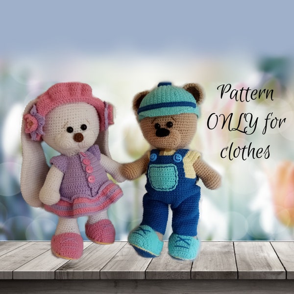 Spring Teddy bear and Bunny clothes * Pdf pattern * Outfit toy doll Amigurumi * stuffed animals * Dress, shoes, overall and cap