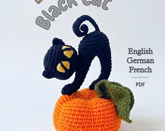Crochet Black Cat PDF and VIDEO Tutorial, Amigurumi Cat with Pumpkin, Step by Step