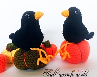 Fall gossip girls * Crow * Raven* Pdf file pattern * Halloween pumpkins * amigurumi * Fall decor