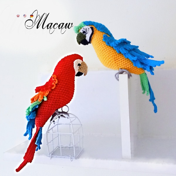 Ara Papagei * gehäkelte Pdf Anleitung * Roter und blauer Ara * Häkelvogel * Amigurumi Spielzeug * Wohndeko, tropischer Freund, exotische Vögel