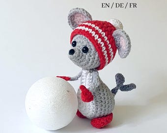 Ratinho de crochê com chapéu de inverno – brinquedo de amigurumi de 9 cm, enfeite, presente e decoração para festas