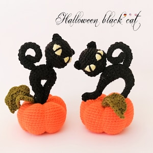 かぎ針編みの黒猫 * PDF ファイル パターン * 秋の装飾 * ハロウィンのカボチャ * 編みぐるみの黒猫