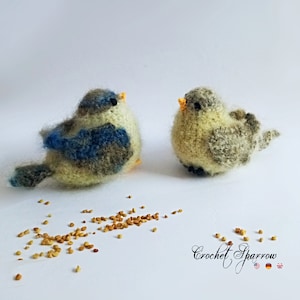 May include: Two crocheted birds, one blue and gray, the other gray, are sitting on a white surface with scattered brown seeds. The text "Crochet Sparrow" is visible in the bottom right corner of the image.