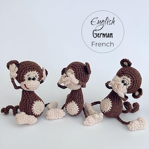 Patrón de llavero de mono de ganchillo, amigurumi de los Tres Monos Sabios, mono que no ve el mal, PDF