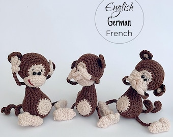 Crochet Monkey Keychain Pattern, Three Wise Monkeys Amigurumi, See No Evil Monkey, PDF