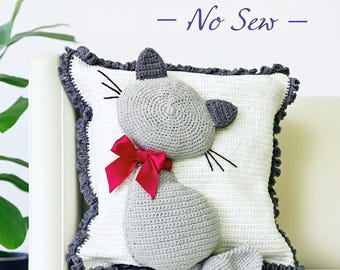 Cat Pillow Crochet Pattern, No Sew 3D Cushion Cover PDF, WoolayMo