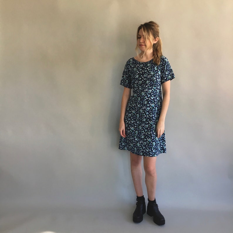 Blue Floral Dress with Back Tie 90s A-line Floral Grunge