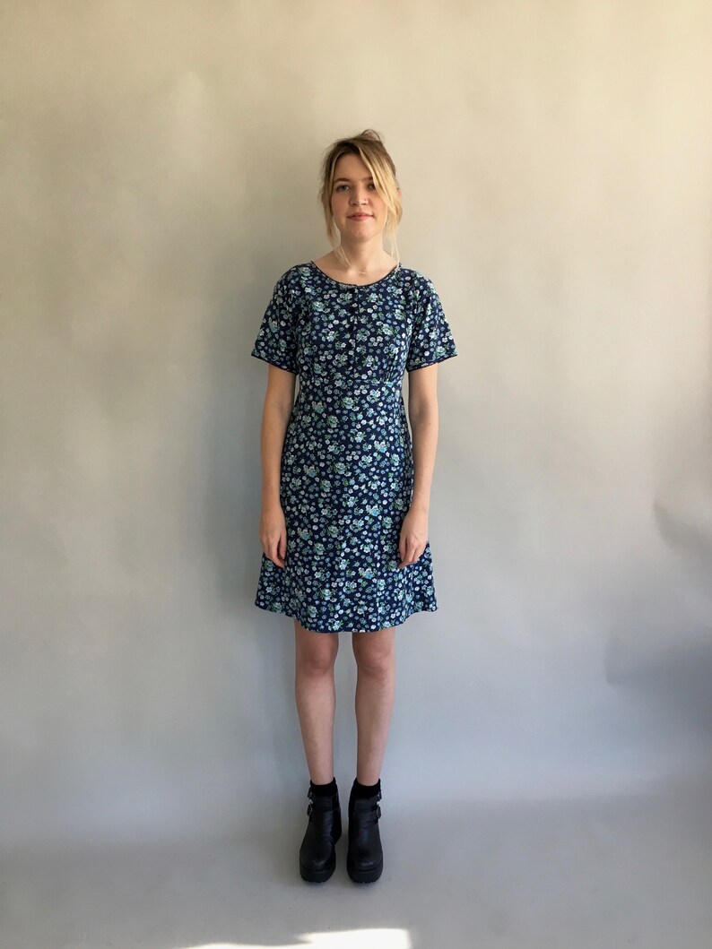 Blue Floral Dress with Back Tie 90s A-line Floral Grunge