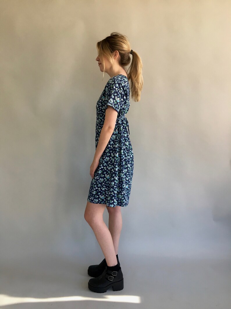 Blue Floral Dress with Back Tie 90s A-line Floral Grunge