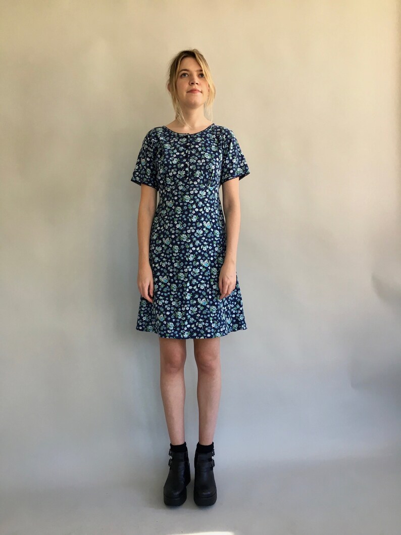 Blue Floral Dress with Back Tie 90s A-line Floral Grunge