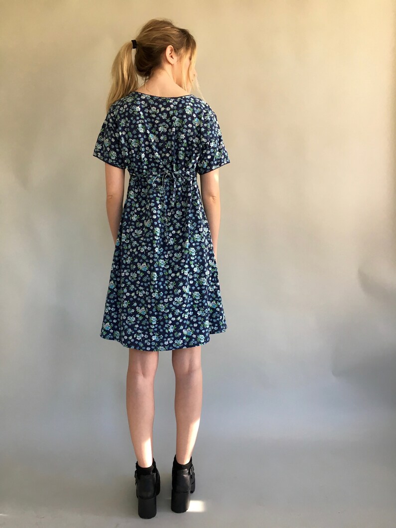 Blue Floral Dress with Back Tie 90s A-line Floral Grunge