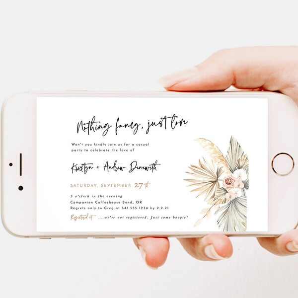 Editable Reception Invitation Template , Nothing Fancy, Just Love Invite , Watercolor Dried Flowers , Boho Chic Pampas Grass Invite , T02