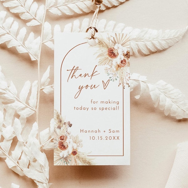 Pampas Grass Favor Tag Template | Burnt Orange Wedding Favor Tag | Terracotta Thank You Tag | Modern Minimalist Wedding Thank You Tag | A2