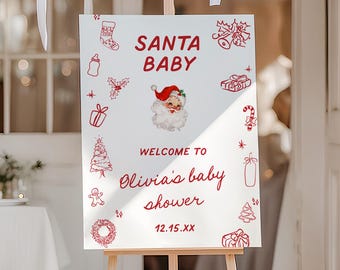 Santa Baby Shower Welcome Sign | Christmas Baby Shower Sign | Winter Holiday Baby Shower Decor | Printed & Shipped