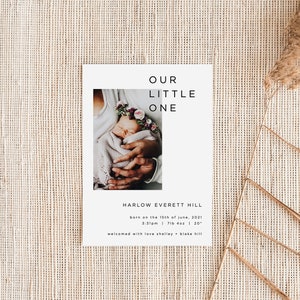 Photo Baby Announcement Card | Birth Announcement | Newborn | Minimalist | Modern Birth Announcement | Editable Birth Announcement Template