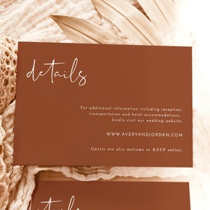 Cartão de detalhes minimalista, cartão de detalhes de casamento de terracota, inserção de casamento moderno, cartão de detalhes de laranja queimada, modelo editável, T2