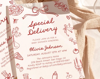 Invito per baby shower con consegna speciale, invito a tema pizza, tema italiano disegnato a mano (modello modificabile), download immediato, Slice Slice, S3